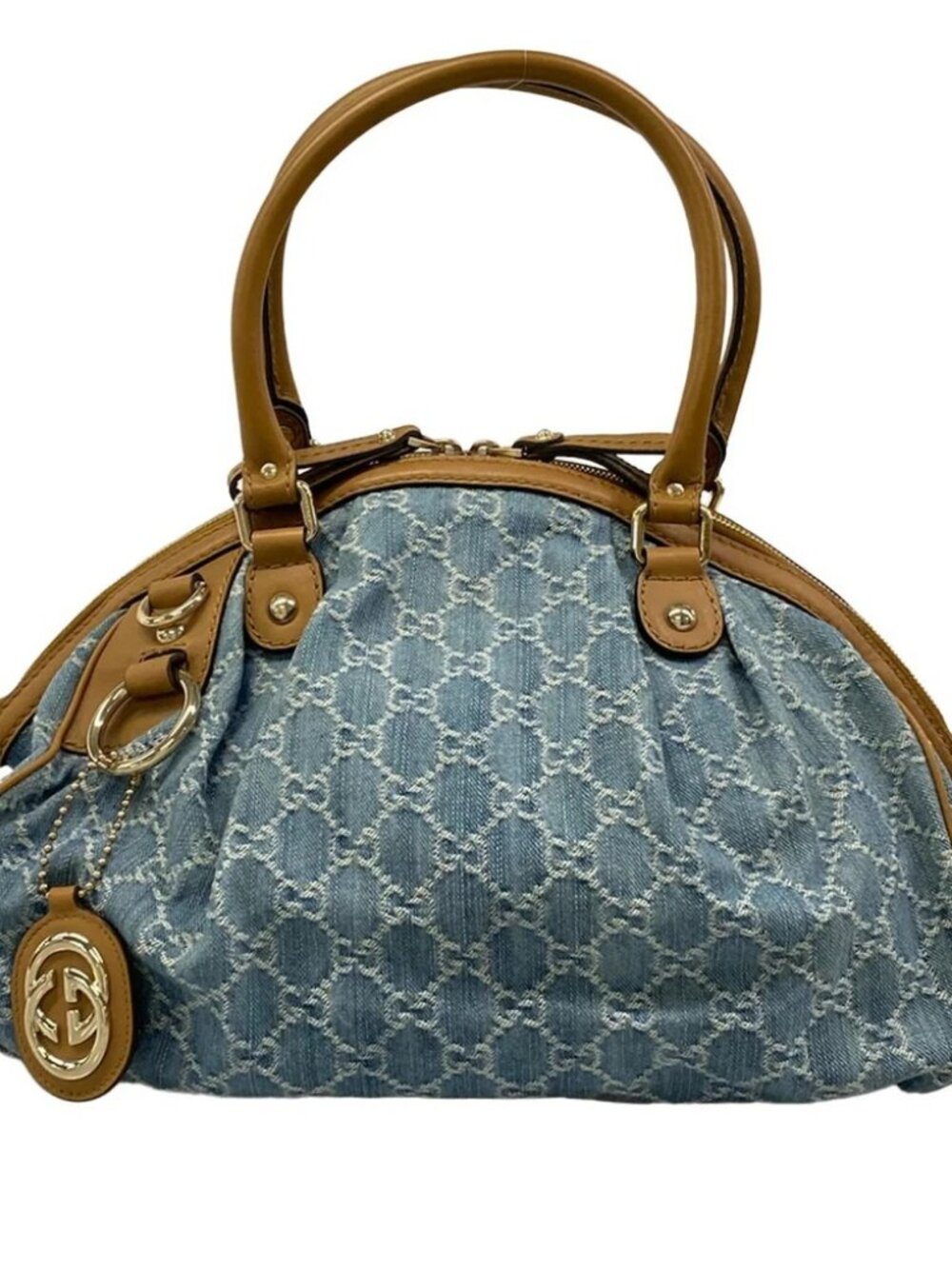 GUCCI GG Pattern, Sookie 223974 Light Blue Light Brown Denim Leather Handbag